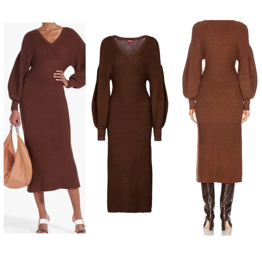 STAUD Carnation Bark Knit Midi Dress size S balloon sleeve chic career neutral